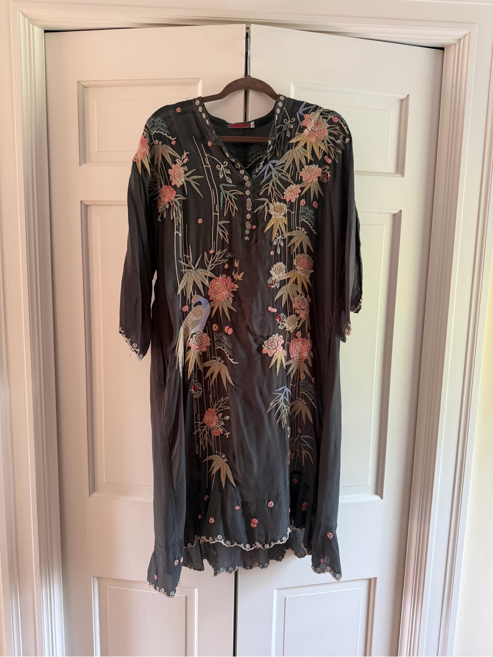 Johnny Was Embroidered Dark Gray Embroidered Floral Dress